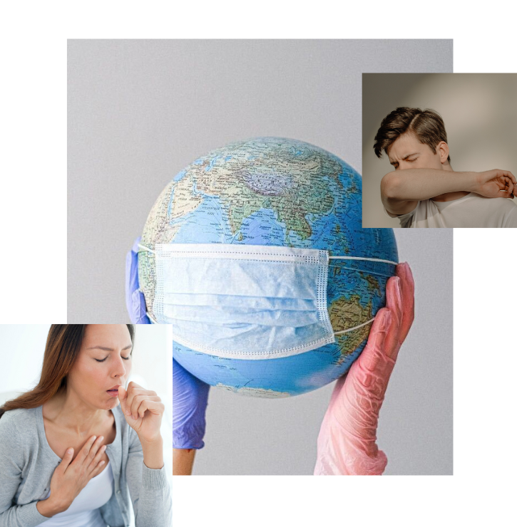 A female and male with Long COVID symptoms shown of coughing, sneezing, and a globe with a face mask on it, showing that COVID is a global virus.